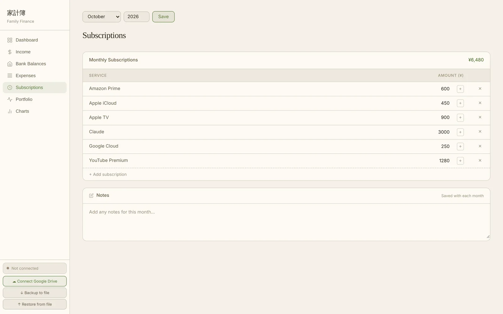 List of monthly subscriptions with a total