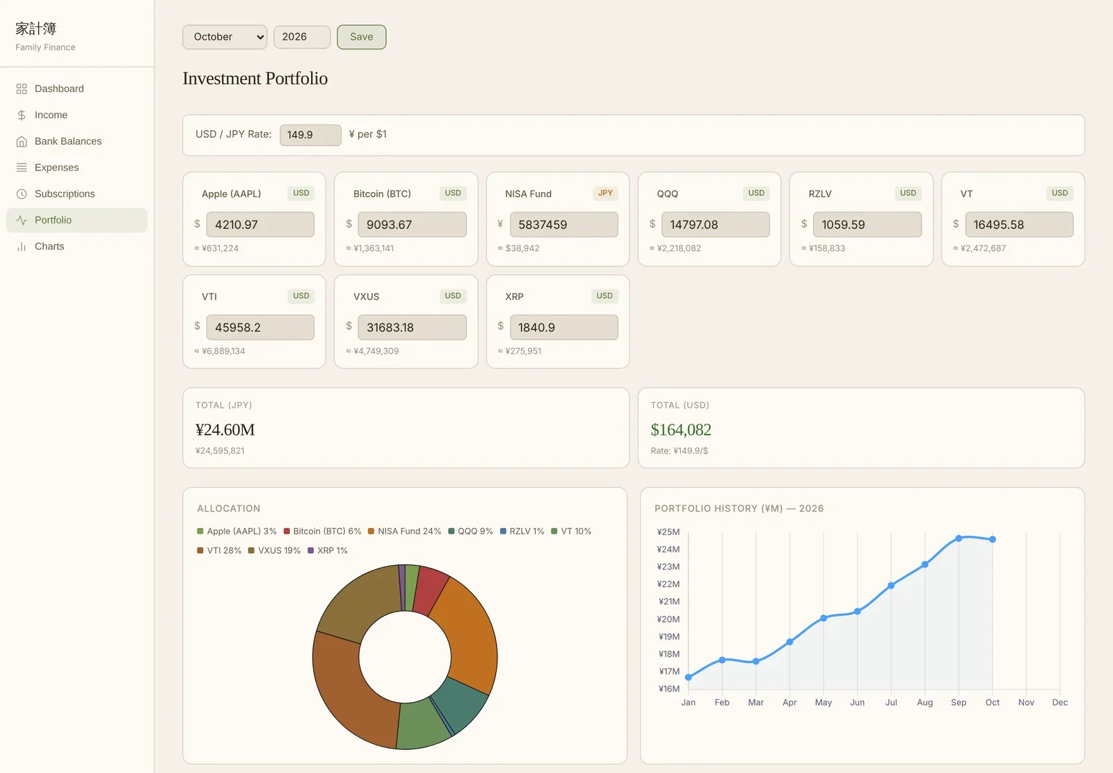 Holdings cards with an exchange rate, allocation chart, and portfolio history
