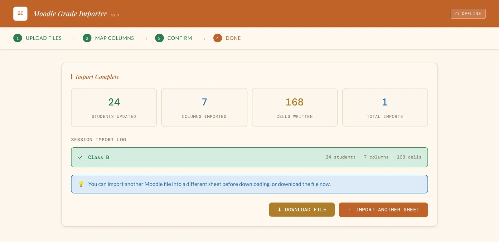 Import complete screen with a session log and download button
