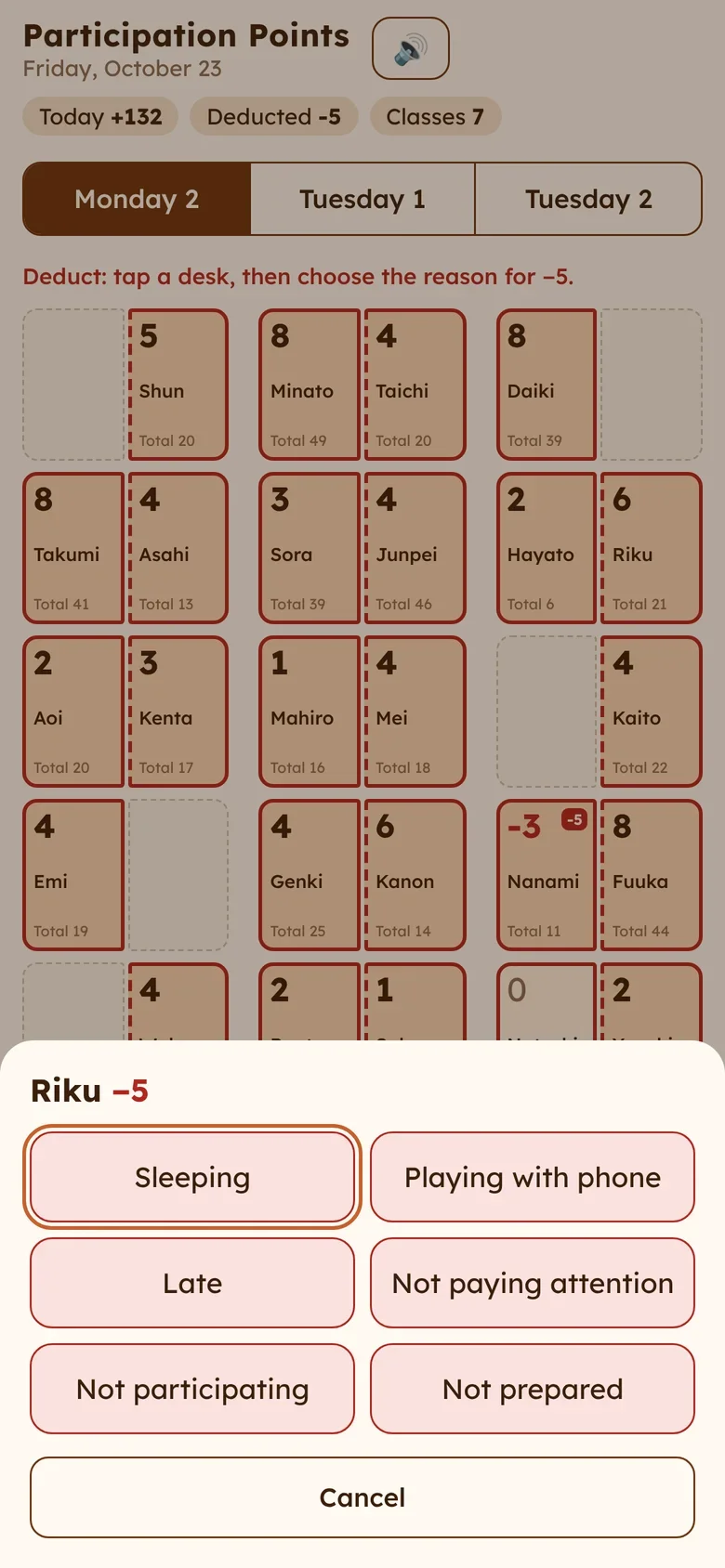 Deduction sheet with six preset reasons over the seating chart